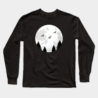 Trees and birds with moon silhouette Long Sleeve T-Shirt